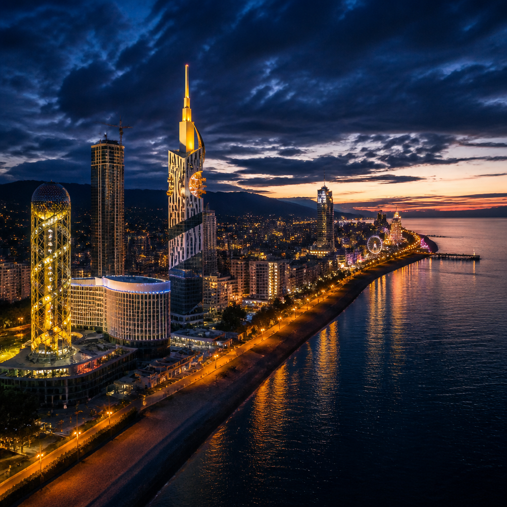Batumi, Georgia skyline at night — luxury towers along the Black Sea coast