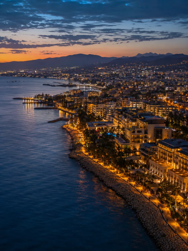 Cyprus — coastal cityscape at dusk, Mediterranean waterfront and marina