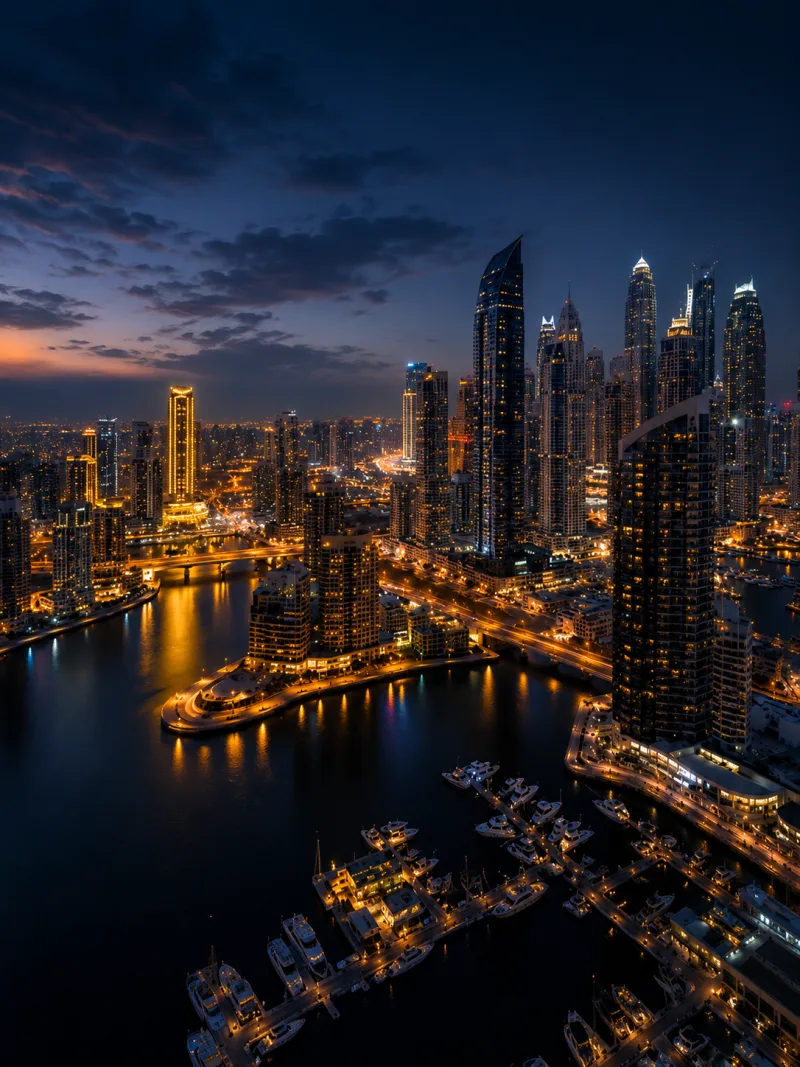 Dubai, UAE — aerial night view of Dubai Marina skyscrapers, illuminated waterway and yachts at sunset