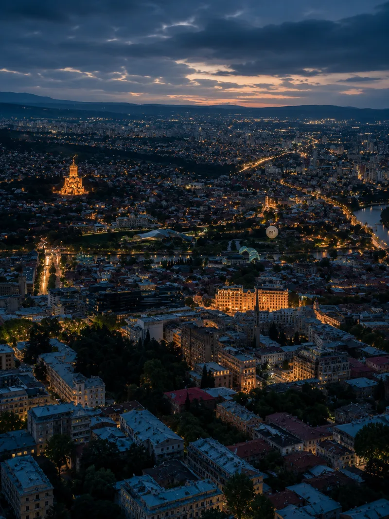 Tbilisi, Georgia — aerial night view of the capital city with Sameba Cathedral and the Mtkvari river