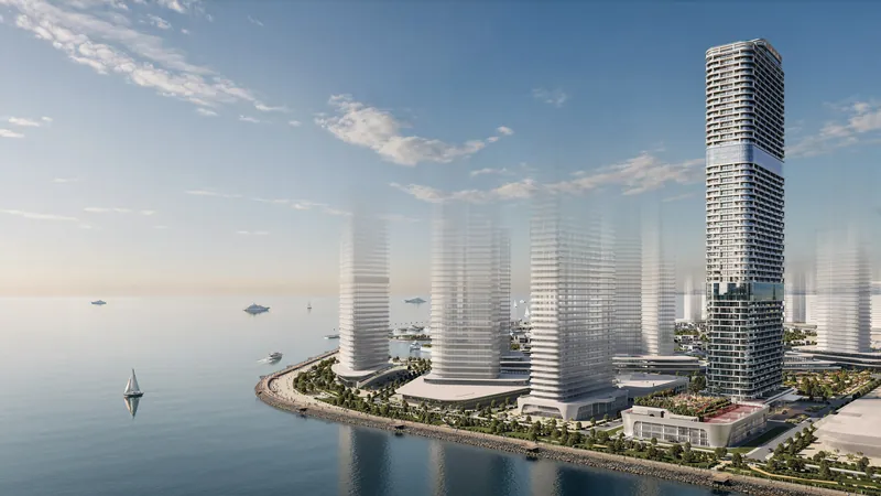 The tower on the coastline; planned neighbouring buildings shown in outline — Ambassador 1’st Tower, Batumi
