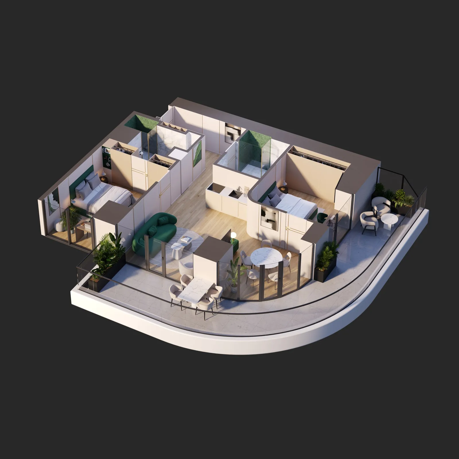 3D plan: two-bedroom apartment — Ambassador 1’st Tower, Batumi