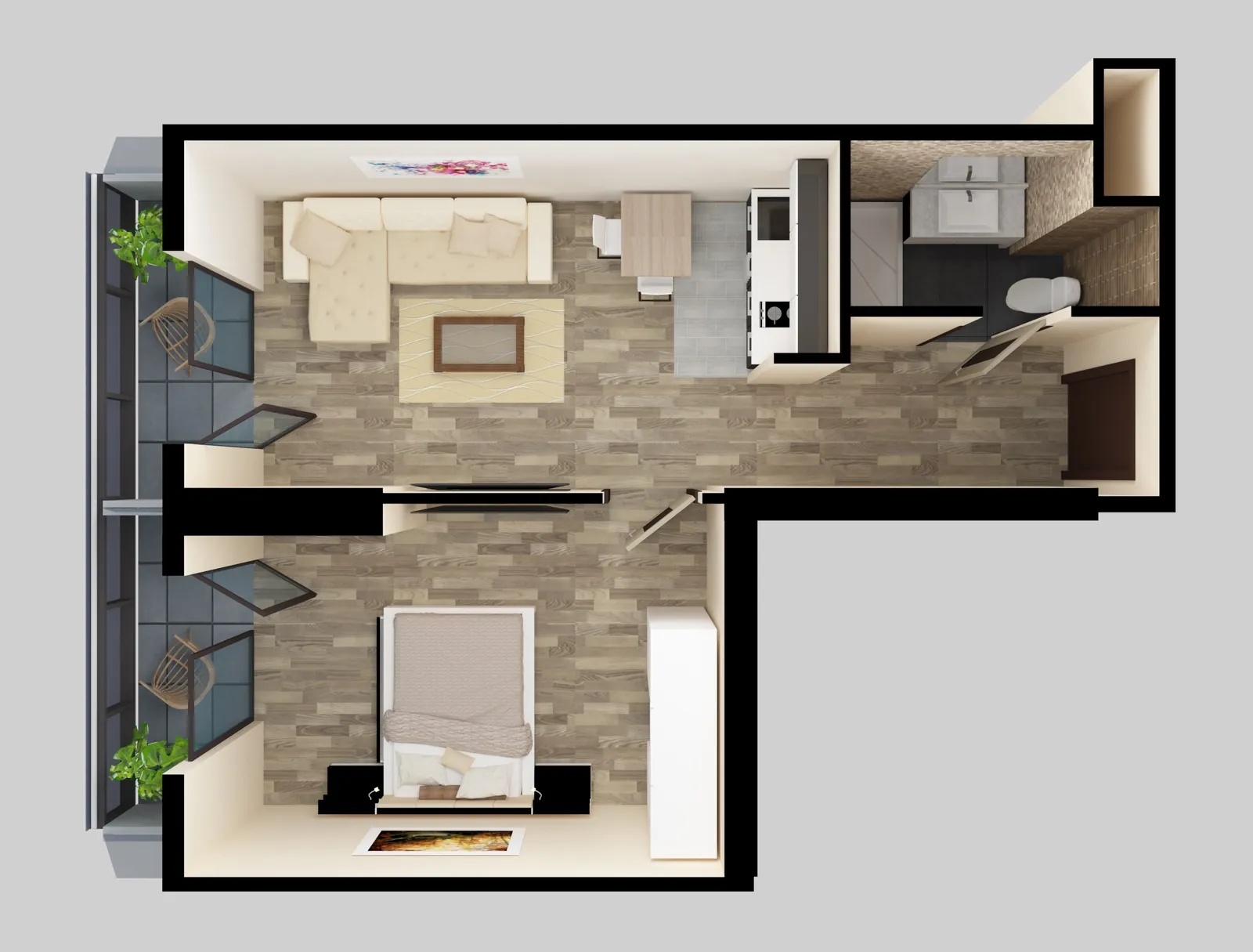 Furnished plan: two-bedroom unit, Block A — Blue Sky Tower, Batumi