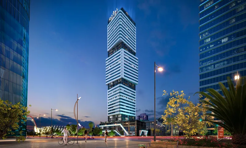 The tower at night from the boulevard — Cube Metropol, Batumi