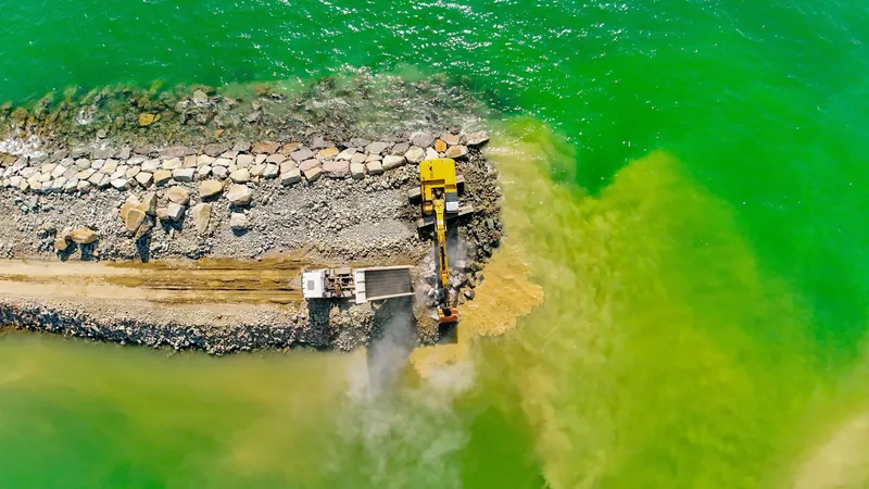 Excavator placing rock on the breakwater, top-down — Tonino Lamborghini Tower, Batumi