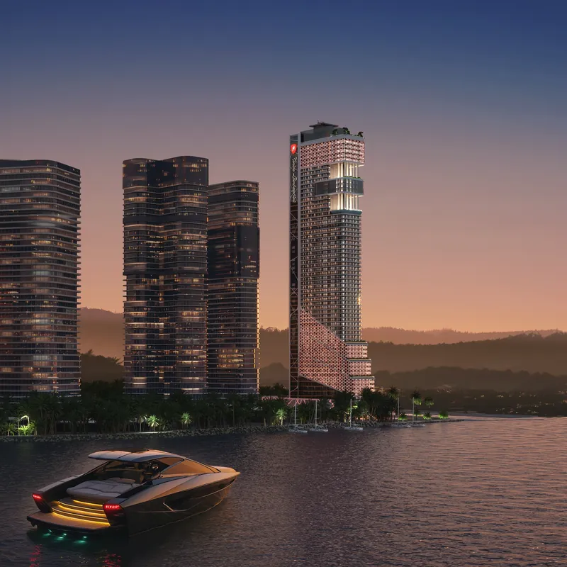 The tower and neighbouring towers at dusk — Tonino Lamborghini Tower, Batumi