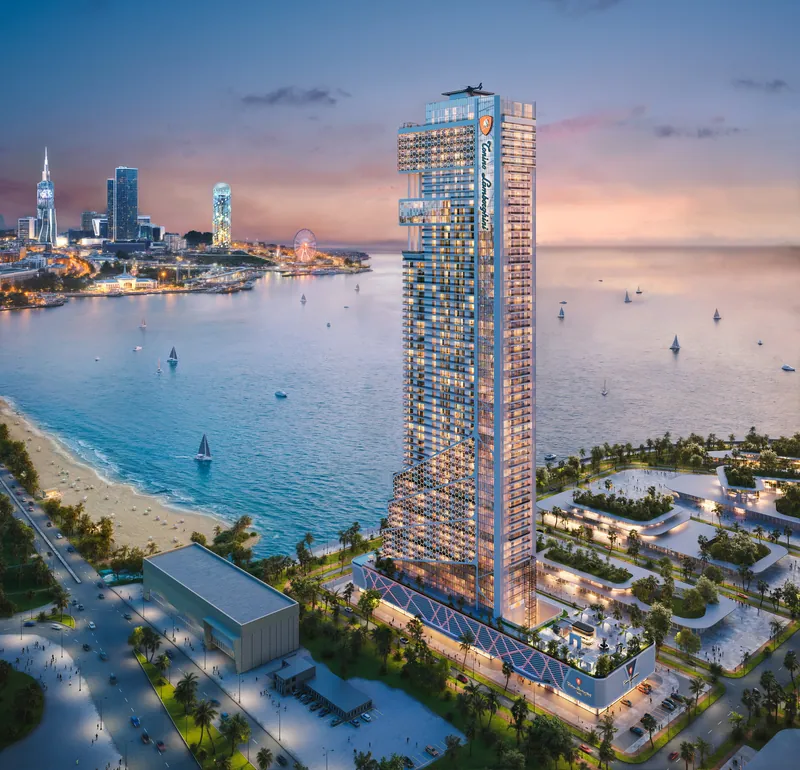 The tower at dusk with Batumi behind — Tonino Lamborghini Tower, Batumi