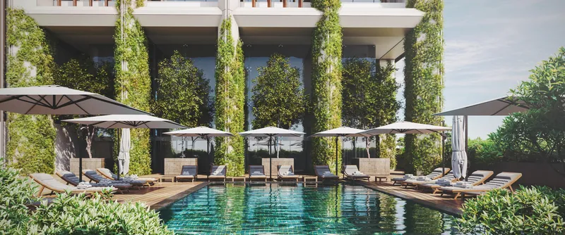 Pool deck under planted columns — Next Address, Batumi