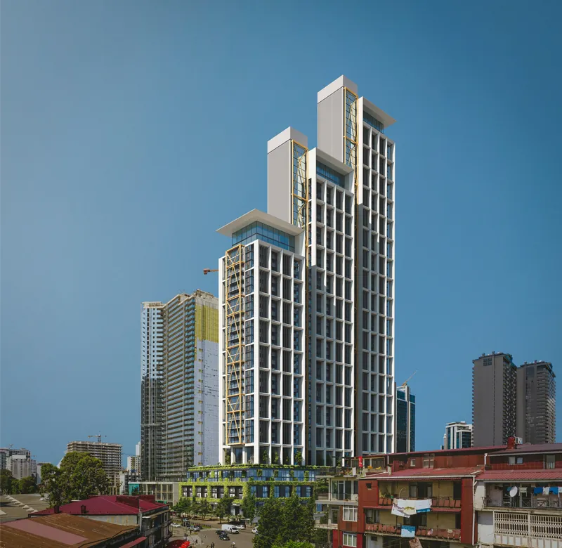 The towers above the neighbourhood in daylight — Next Address, Batumi