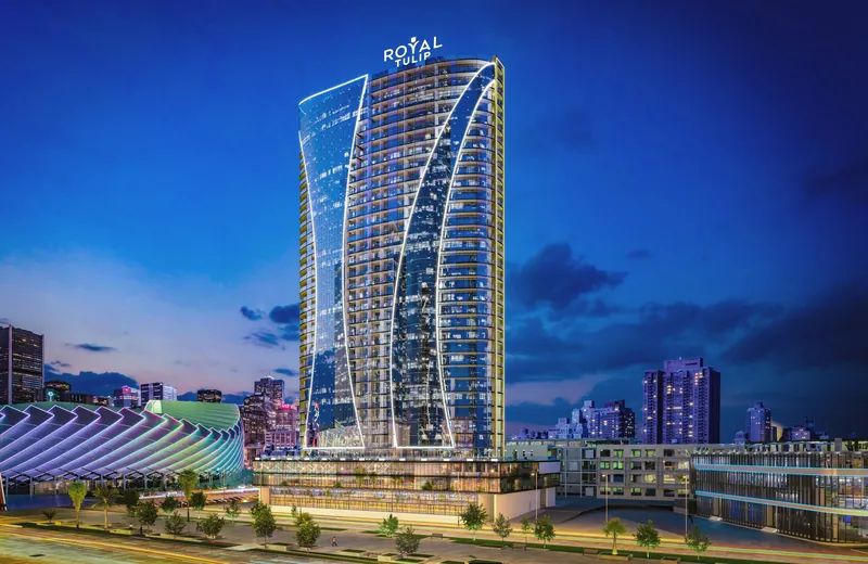 The tower and podium at night, wide view — Ovale Metropol, Batumi