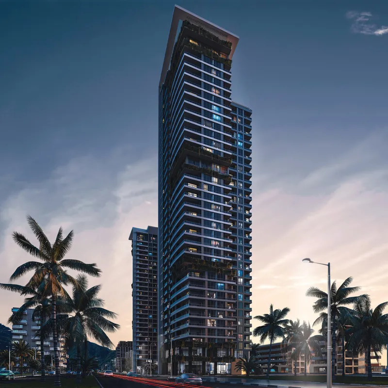 The tower at dusk among palms — Parallel Tower, Batumi