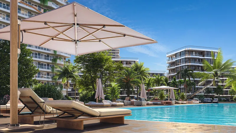 Pool deck with loungers and parasols — Petra Sea Resort, Batumi