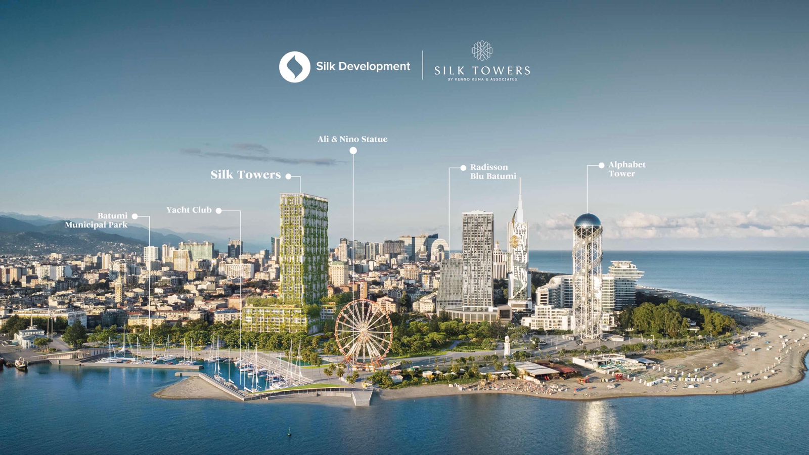 Silk Towers aerial context — Batumi Old Boulevard, Yacht Club, and landmark buildings