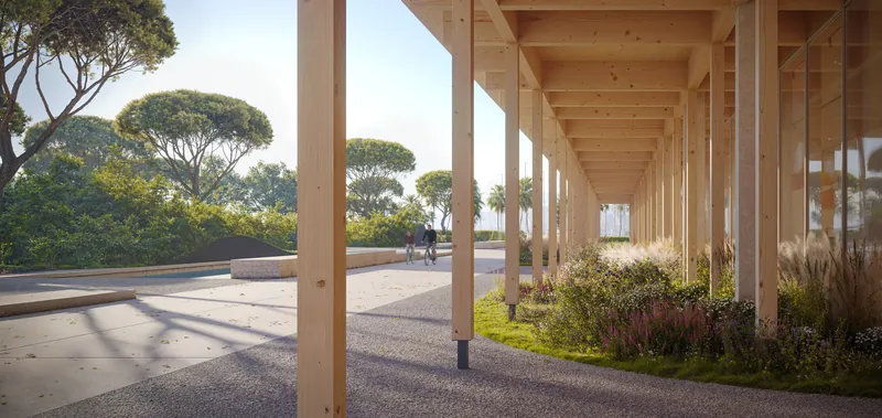 Covered timber walkway beside the gardens — Silk Towers, Batumi
