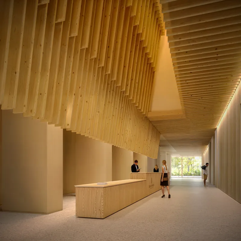 Lobby with timber ceiling and reception desk — Silk Towers, Batumi