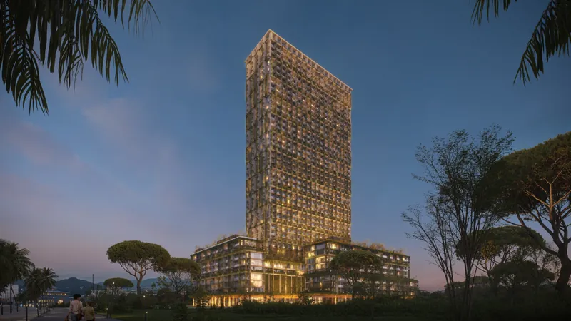 The tower and podium at dusk — Silk Towers, Batumi