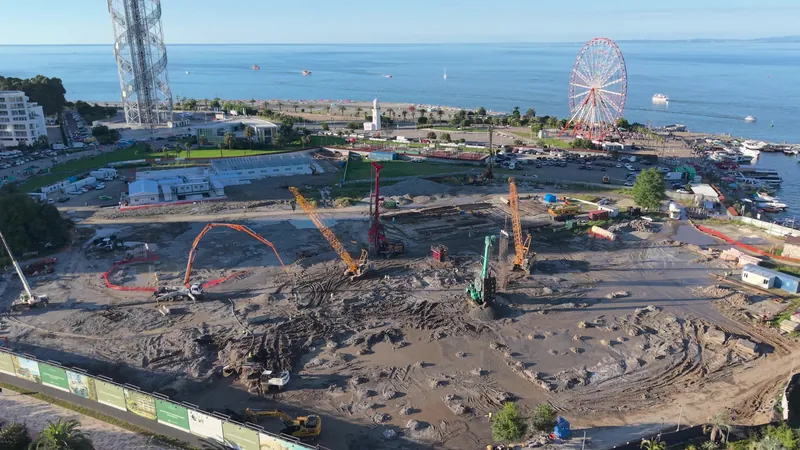 Construction site with piling rigs, drone view — Silk Towers, Batumi