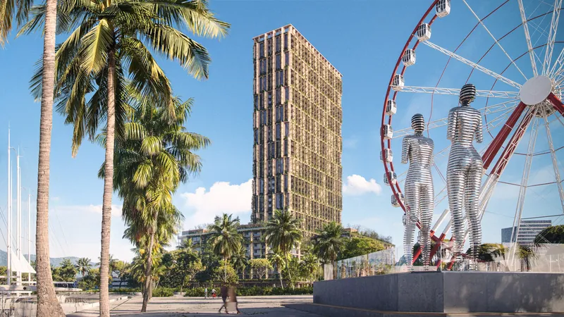 The tower seen from the seafront promenade — Silk Towers, Batumi
