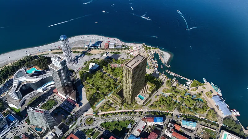 Aerial view of the tower on the Batumi seafront — Silk Towers, Batumi