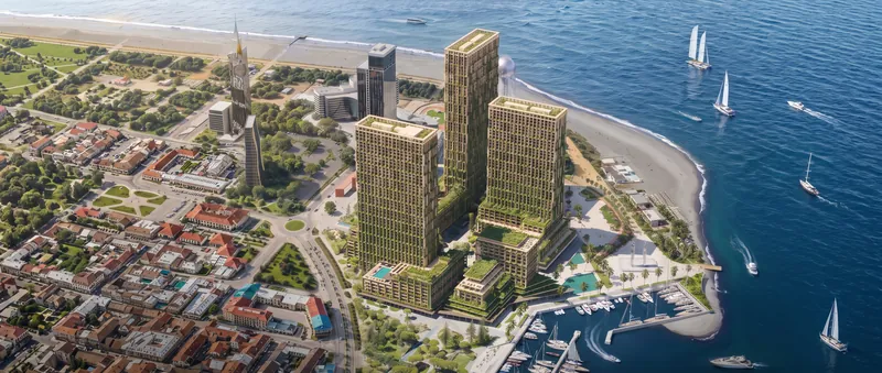 Silk Towers, Batumi — aerial architectural render of the towers between Old Batumi, the seafront and the marina