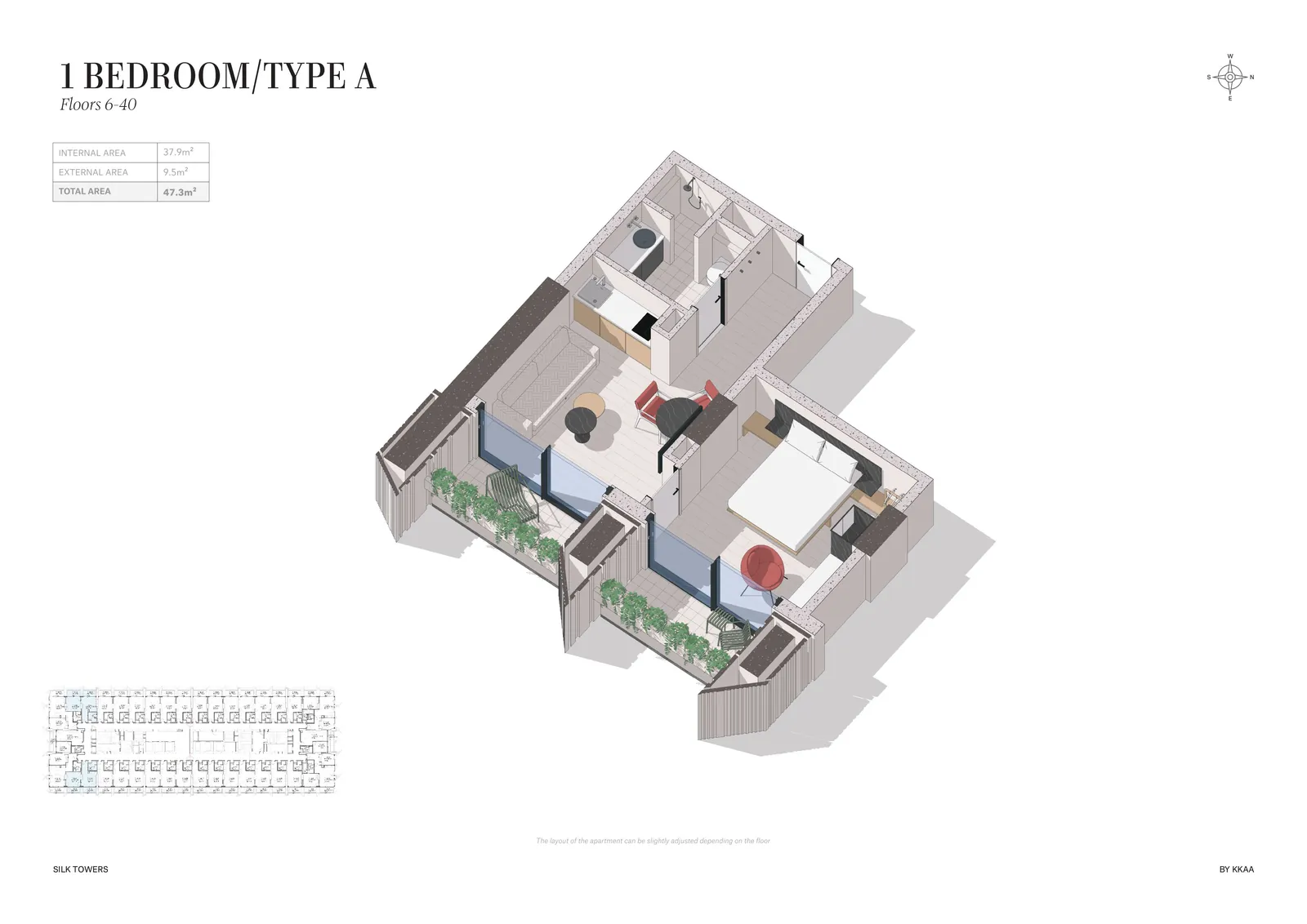 Floor plan: 1 Bedroom, Type A (floors 6–40) — Silk Towers, Batumi