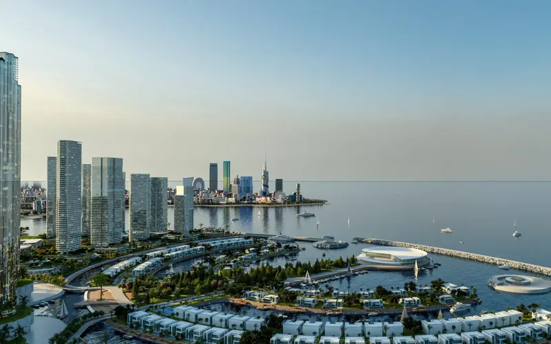 Ambassadori Island masterplan seen from the sea toward Batumi — Ambassadori Island, Batumi