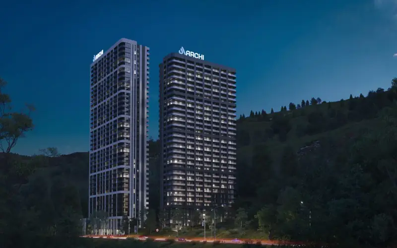Archi Horizon, Tbilisi — architectural render of the residential towers at dusk