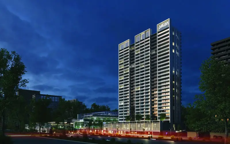 The towers at night above the avenue — Grand Avenue, Tbilisi