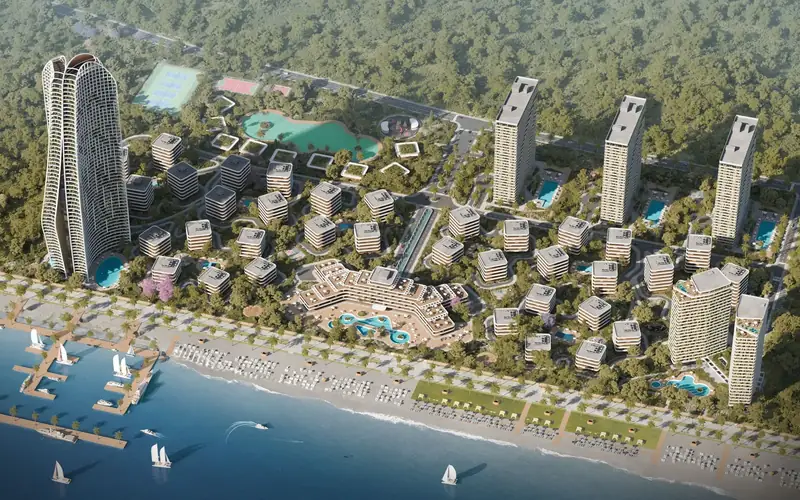 Aerial view of the resort along the beach and forest — Petra Sea Resort, Batumi