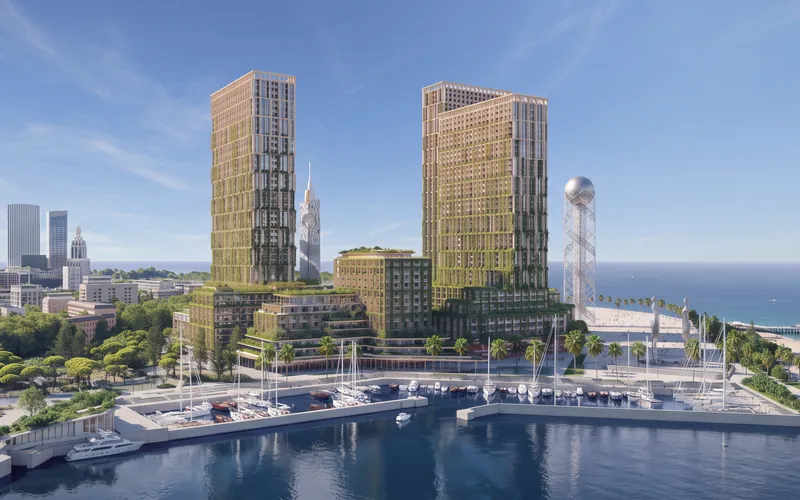 Silk Towers, Batumi — architectural render of the towers above the marina, with the Alphabetic Tower and the Black Sea behind